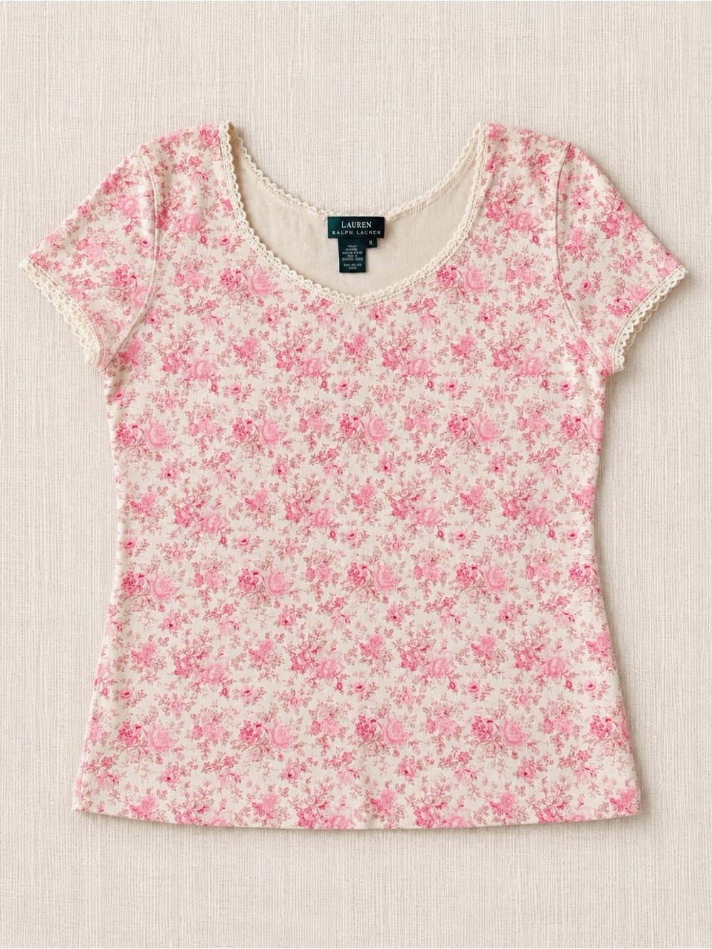Y2K 90s Lauren Ralph Lauren Cream Pink Dainty Floral Lace Trip Top XL Romantic